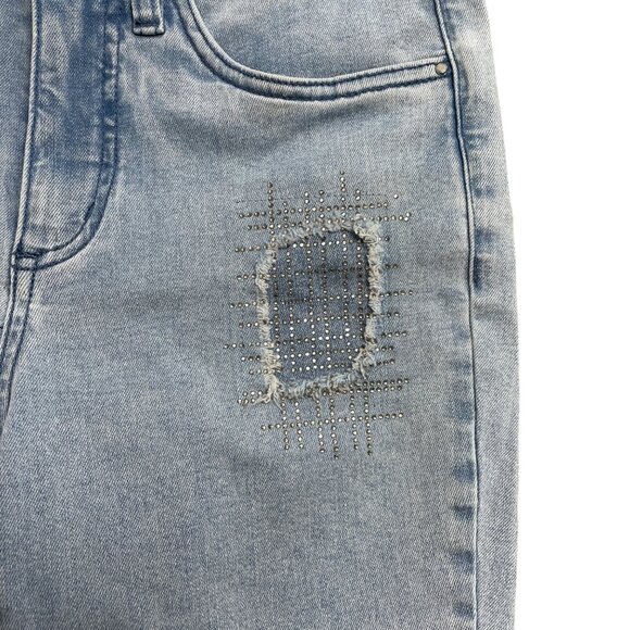 JOSEPH RIBKOFF JEANS RHINESTONE JEWEL FRAYED LIGHT WASH HIGH RISE SIZE 4 PATCHED - Picture 4 of 13